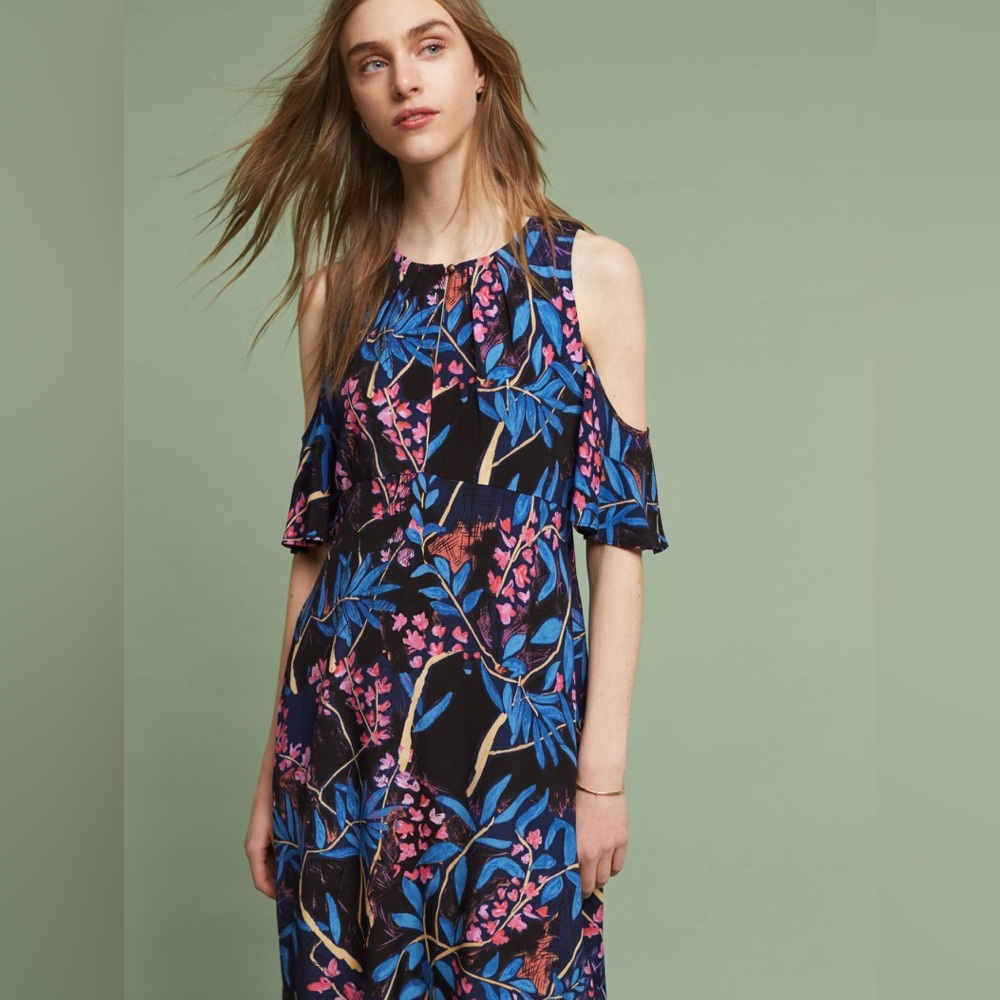 Anthropologie Maeve Elia Dress Tropical Floral Cold Shoulder Cutout Flouncy Midi